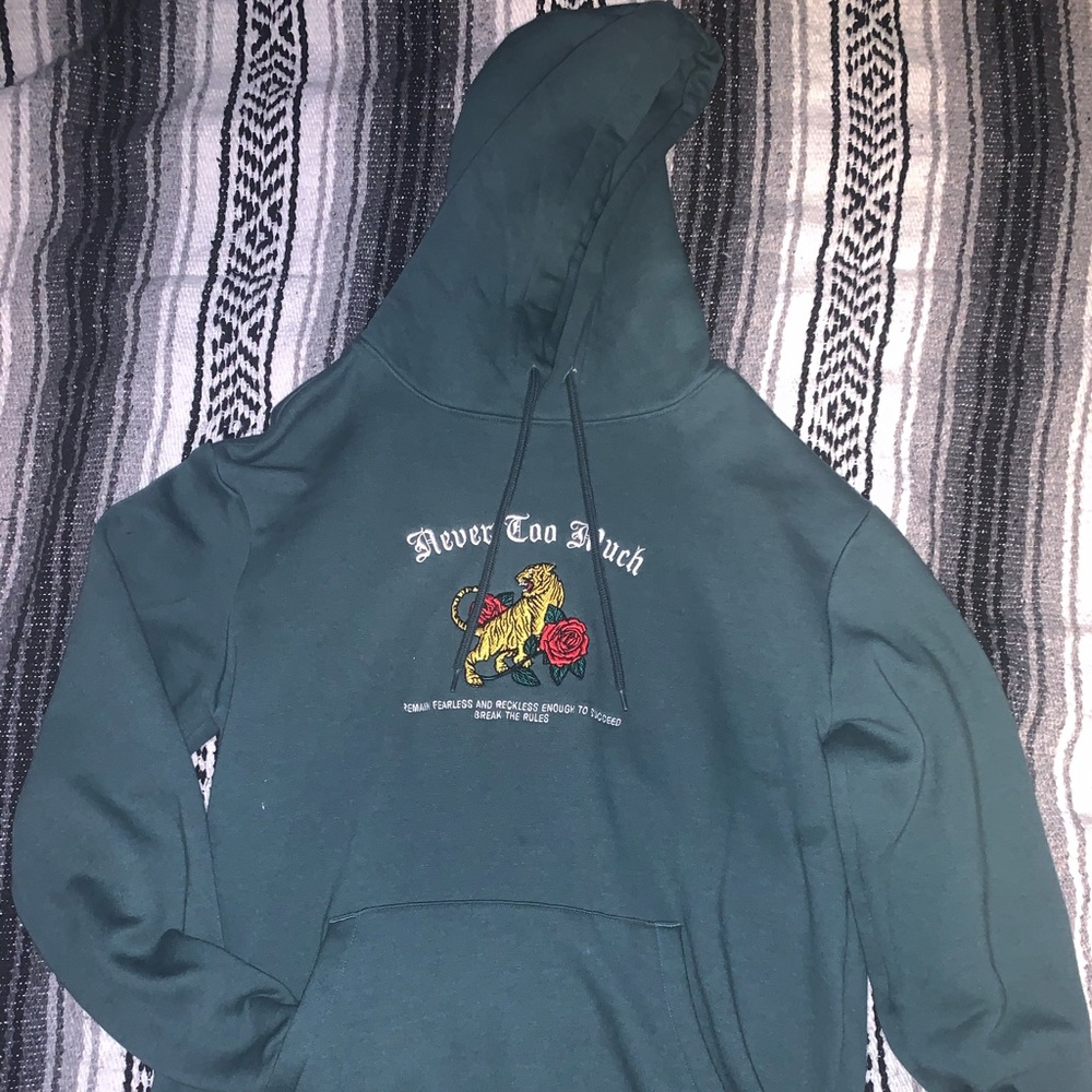 Green “Never Too Much” Hoodie w/ Tiger & Quote